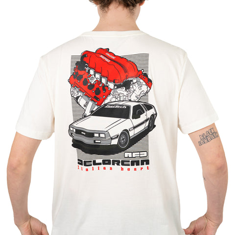 Camiseta New Delorean FT — costas com estampa do motor e DeLorean em destaque